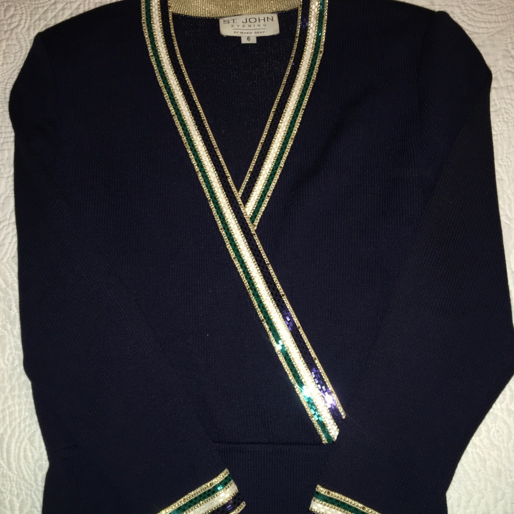 St. John Navy Blue Sequined Trimmed Top